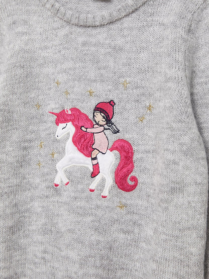 Crew Neck Embroidered Long Sleeve Girl's Knitwear Sweater