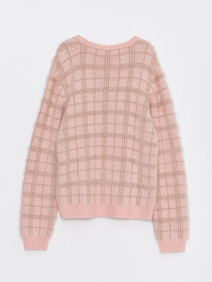 Crew Neck Plaid Long Sleeve Girl's Knitwear Sweater