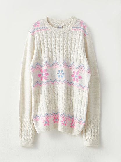 Crew Neck Patterned Long Sleeve Girl's Knitwear Sweater