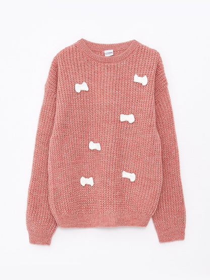 Crew Neck Bow Detailed Long Sleeve Girl's Knitwear Sweater