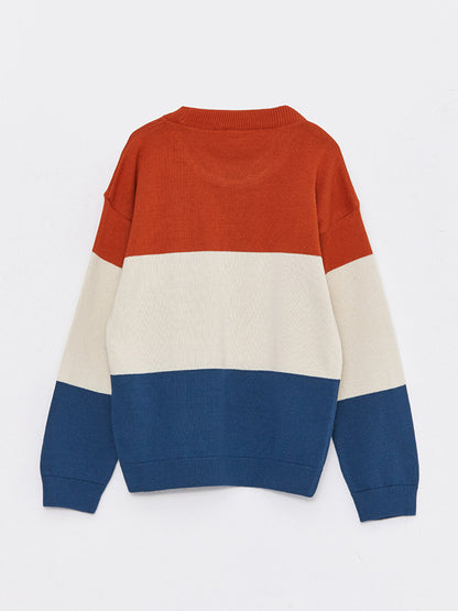 Crew Neck Color Block Long Sleeve Boy's Knitwear Sweater