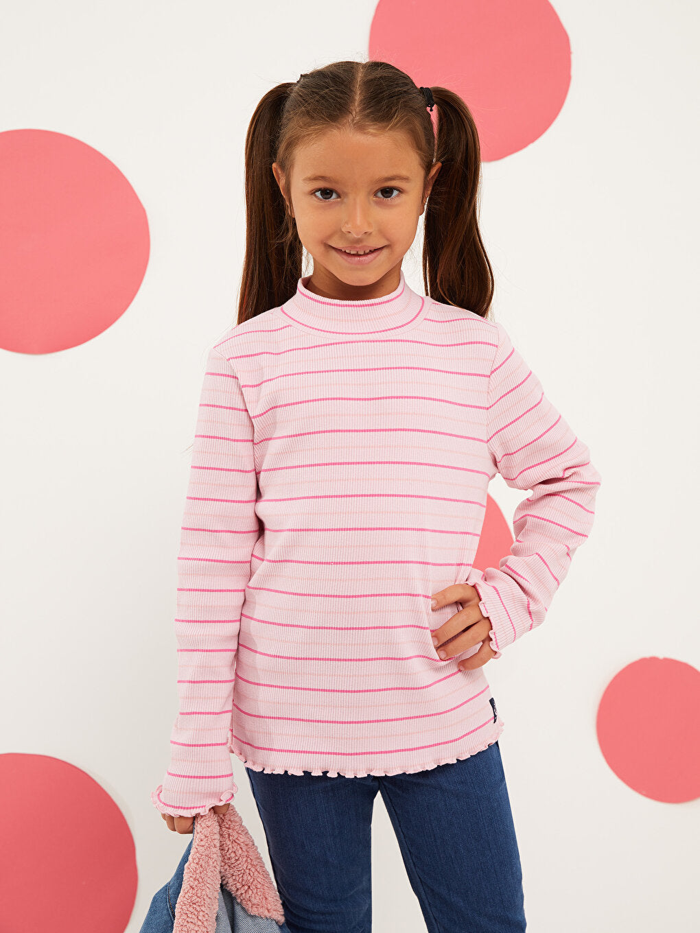 Half Turtleneck Striped Long Sleeve Girl's T-Shirt