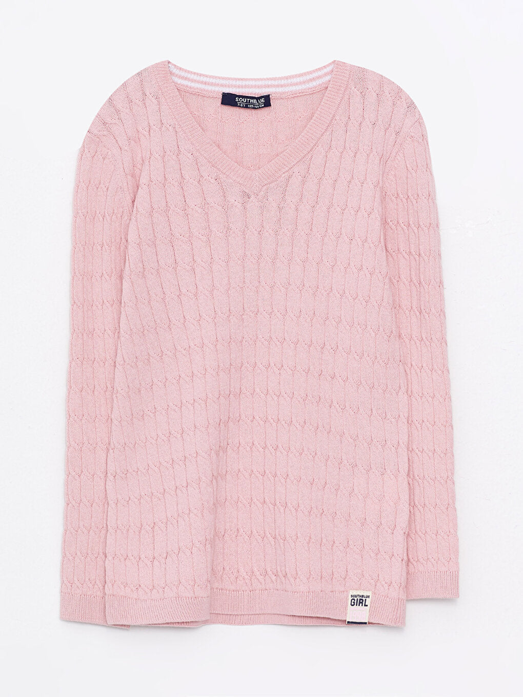 V-neck, self-patterned, long-sleeved girl's knitwear sweater