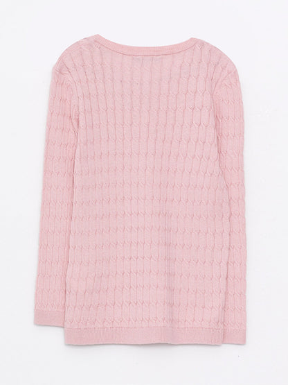 V-neck, self-patterned, long-sleeved girl's knitwear sweater