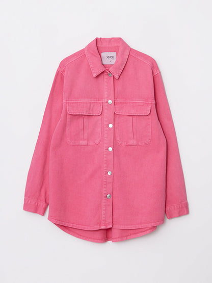 Front Button Closure Plain Long Sleeve Cotton Women's Shirt Jacket