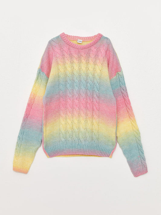 Crew Neck Color Blocked Long Sleeve Girl's Knitwear Sweater