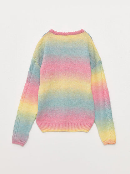 Crew Neck Color Blocked Long Sleeve Girl's Knitwear Sweater