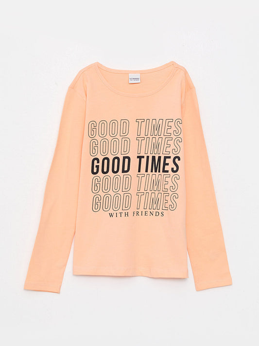 Crew Neck Printed Long Sleeve Cotton Girls' T-Shirt