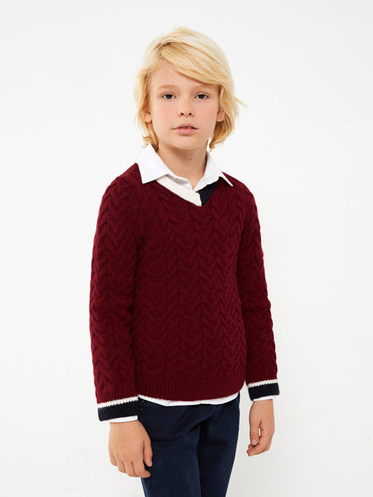 V-Neck Braid Patterned Long Sleeve Boy's Knitwear Sweater