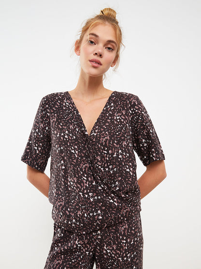 V-Neck Patterned Short Sleeve Viscose Women's Pajama Set