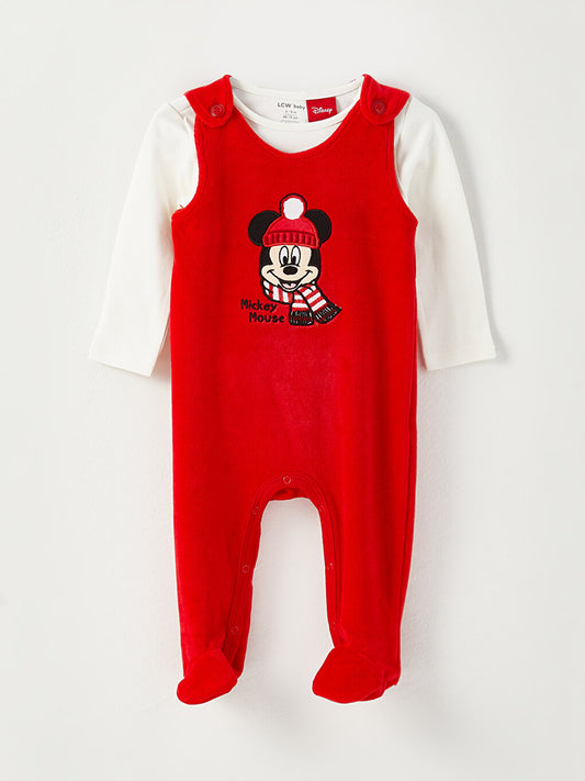 Crew Neck Long Sleeve Mickey Mouse Embroidery Detailed Baby Boy T-Shirt and Overalls 2-Piece Set