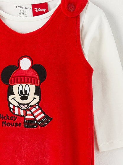 Crew Neck Long Sleeve Mickey Mouse Embroidery Detailed Baby Boy T-Shirt and Overalls 2-Piece Set