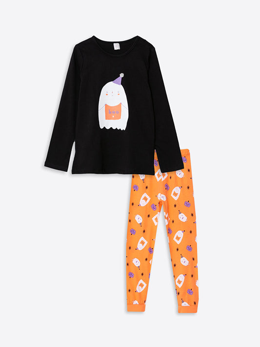 Crew Neck Printed Long Sleeve Girl's Pajama Set