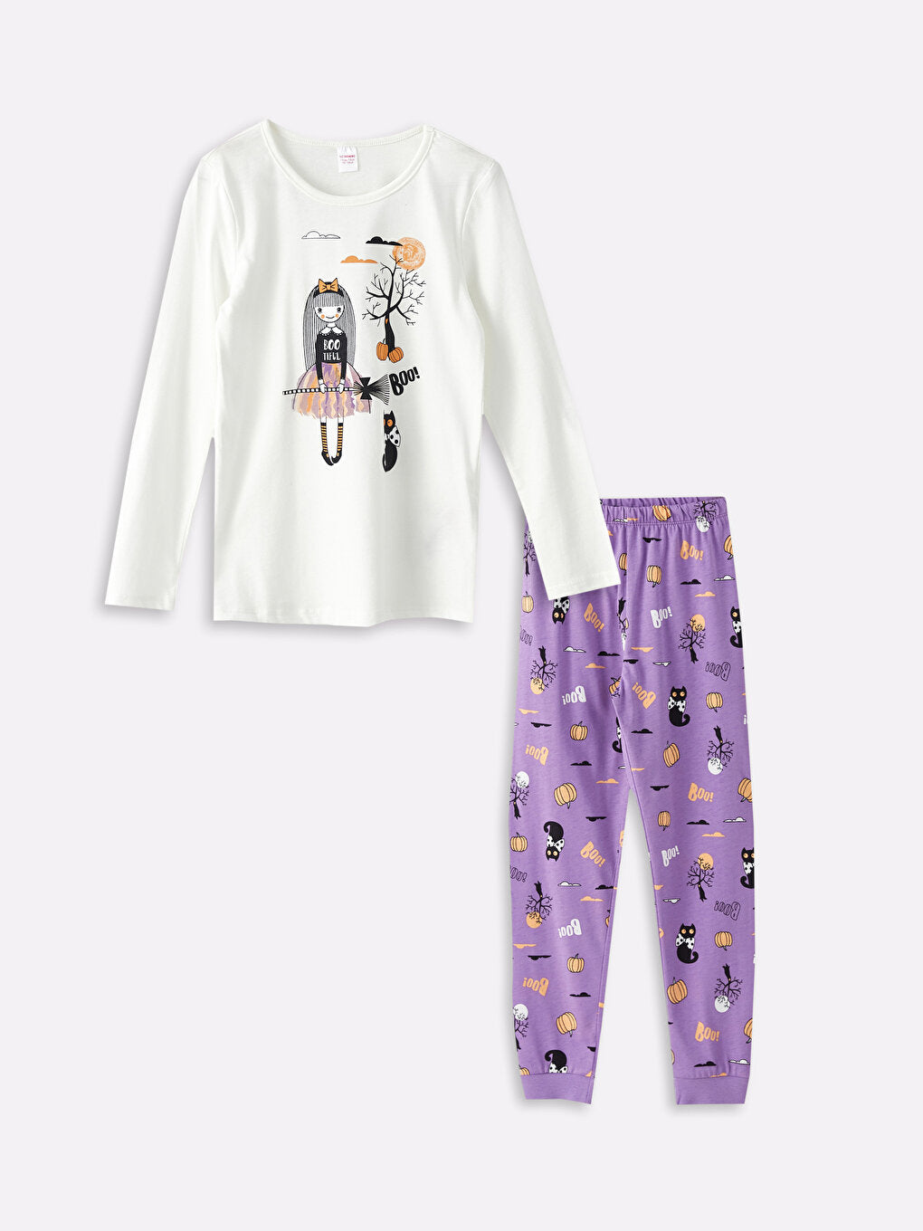 Crew Neck Printed Long Sleeve Girls Pajama Set