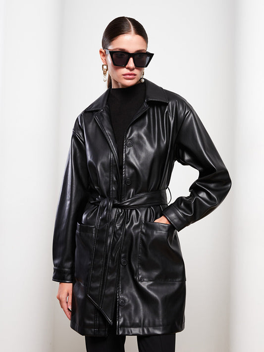 Women's Shirt Collar Plain Leather Look Coat