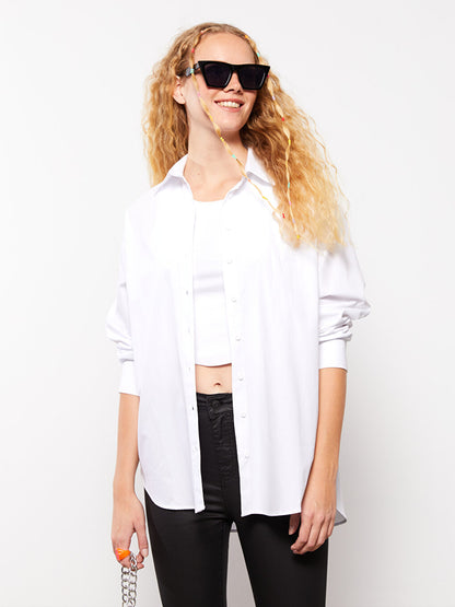 Front Button Closure Plain Long Sleeve Poplin Women's Shirt