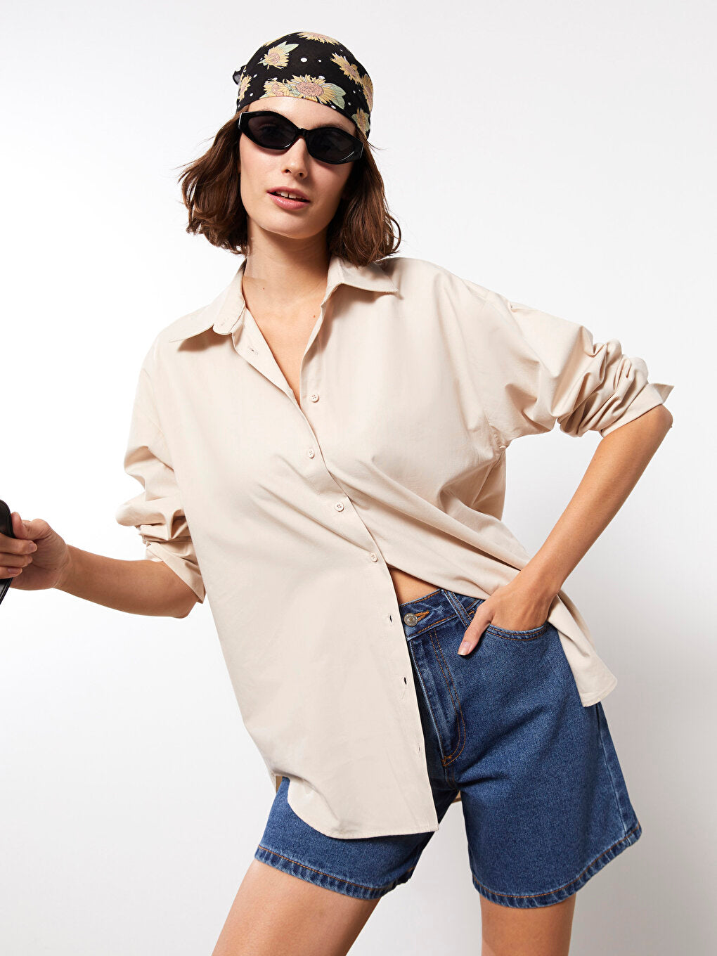 Front Button Closure Plain Long Sleeve Poplin Women's Shirt