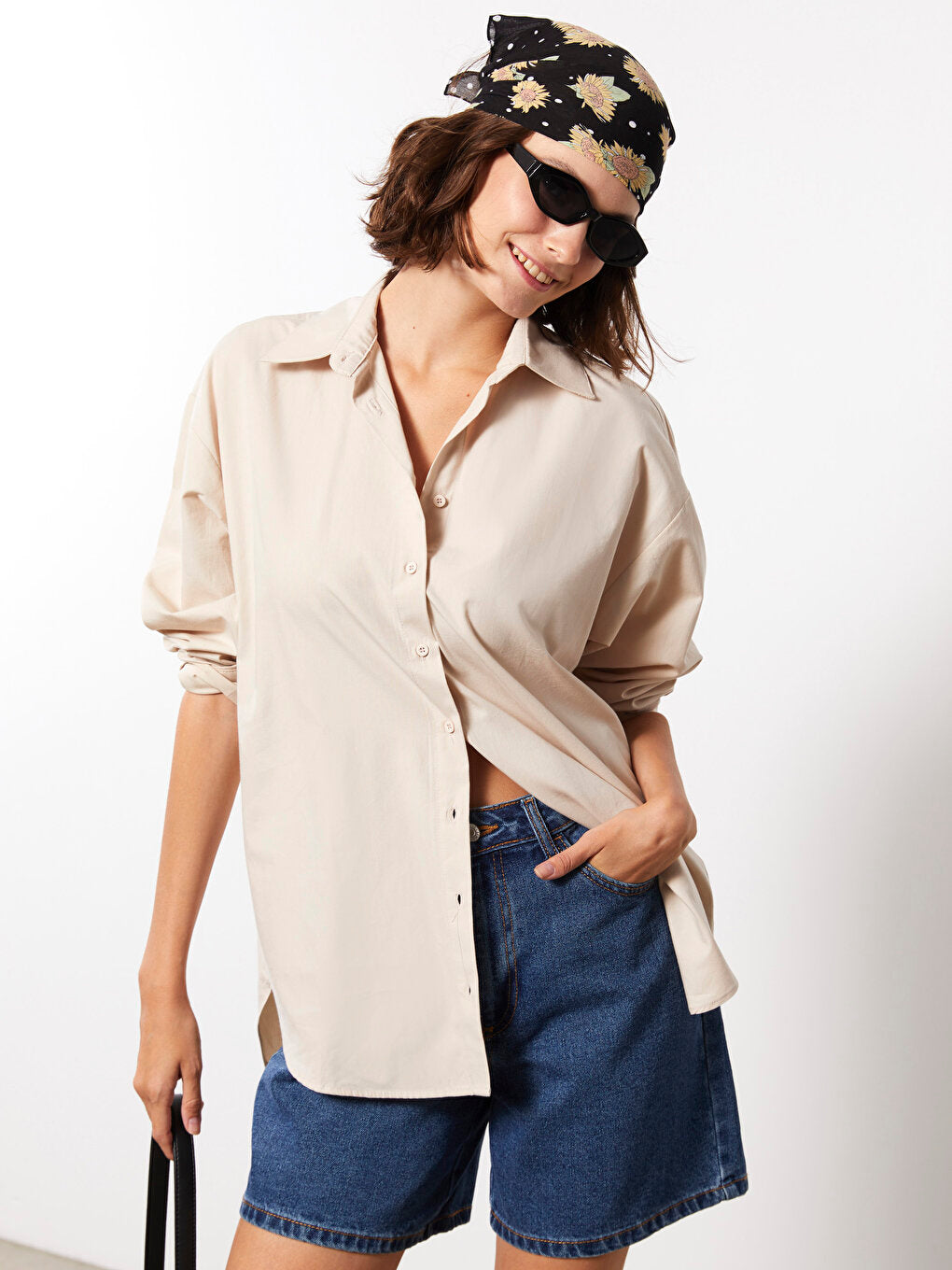 Front Button Closure Plain Long Sleeve Poplin Women's Shirt