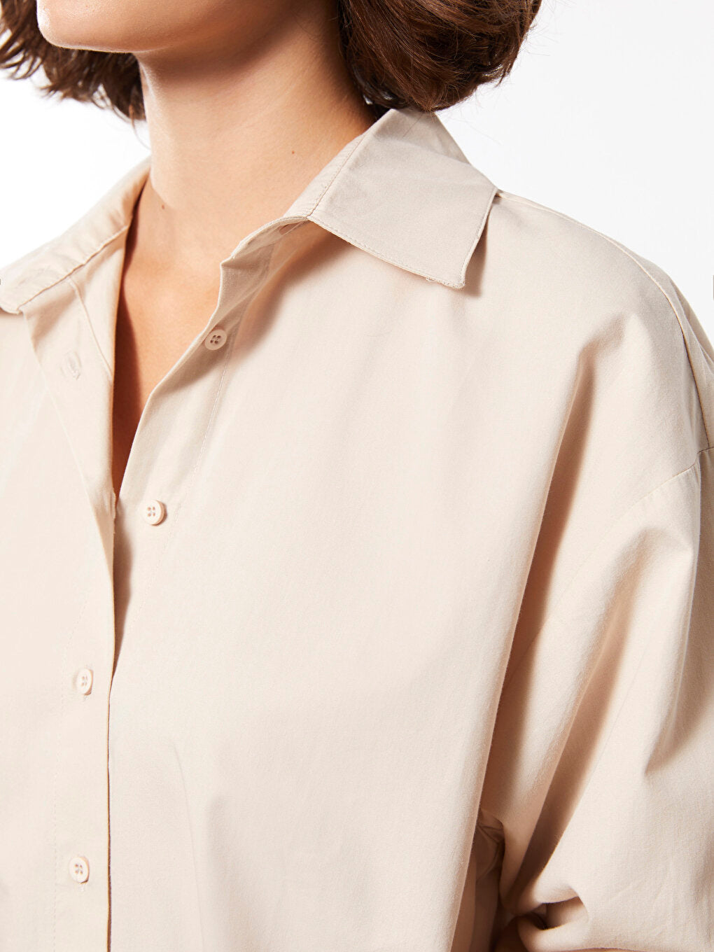 Front Button Closure Plain Long Sleeve Poplin Women's Shirt