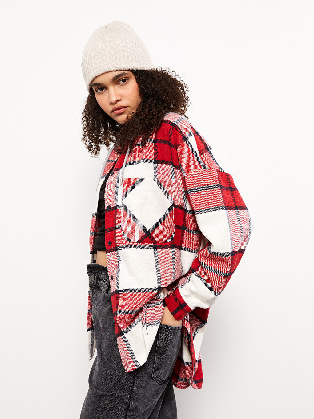 Hooded Plaid Long Sleeve Flannel Oversize Women's Lumberjack Shirt Jacket