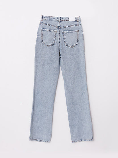 High Waist Straight Fit Women's Jean Trousers with Pocket Detail