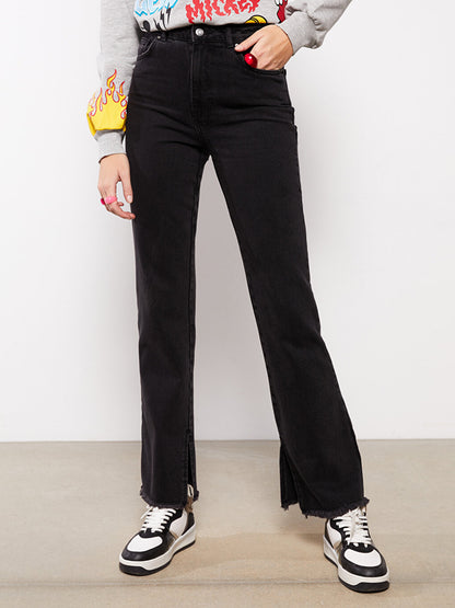 High Waist Straight Fit Women's Jean Trousers with Pocket Detail