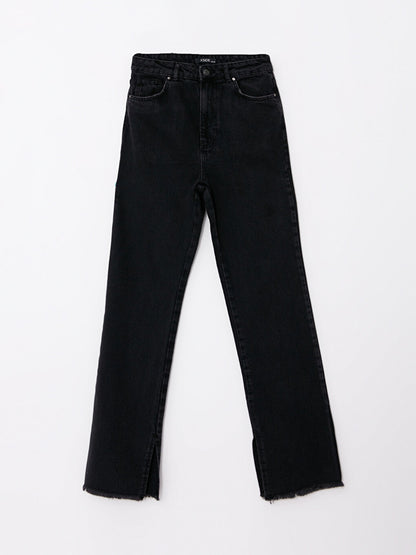 High Waist Straight Fit Women's Jean Trousers with Pocket Detail