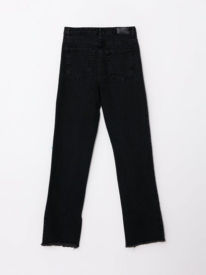 High Waist Straight Fit Women's Jean Trousers with Pocket Detail