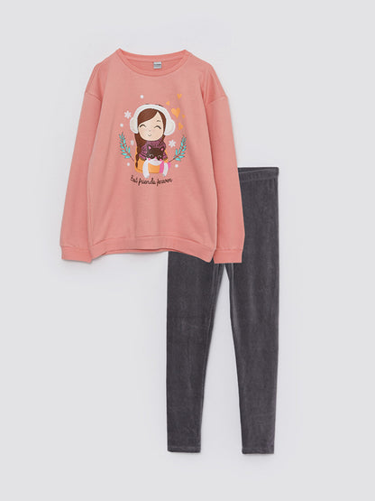 Crew Neck Printed Long Sleeve Girl's Sweatshirt and Tights