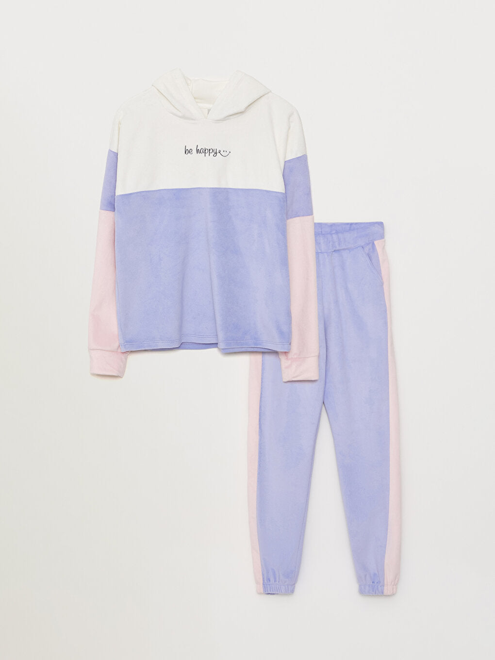 Hooded Color Blocked Long Sleeve Velvet Girls' Sweatshirt and Sweatpants