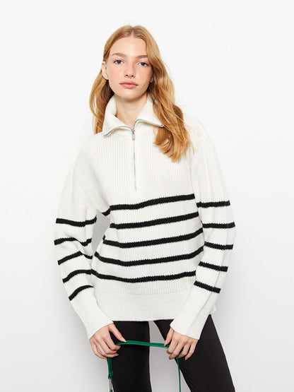 Polo Neck Striped Long Sleeve Women's Knitwear Sweater