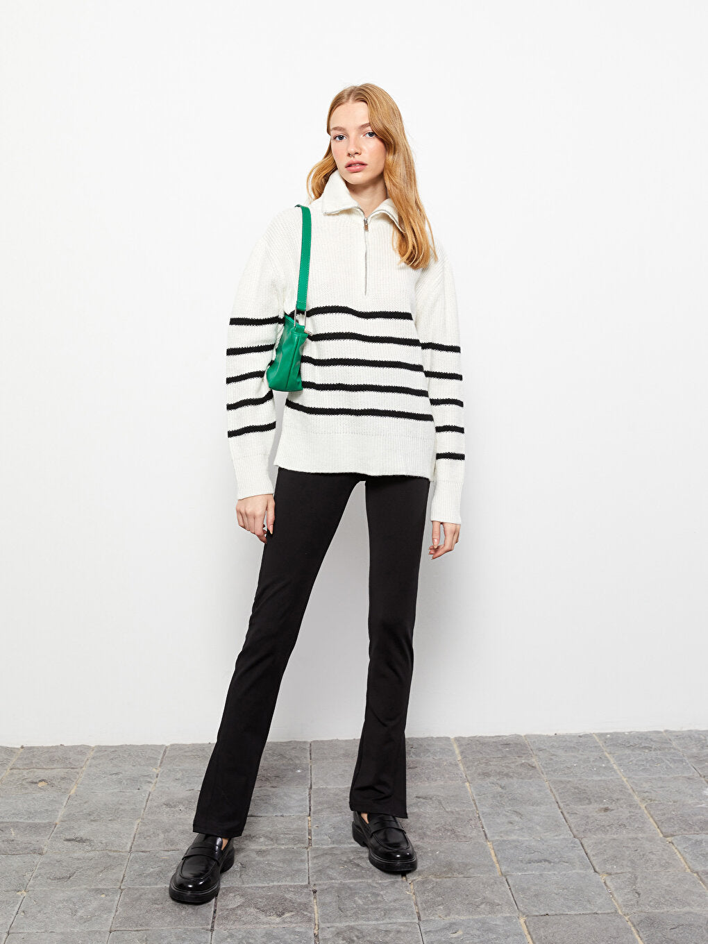 Polo Neck Striped Long Sleeve Women's Knitwear Sweater