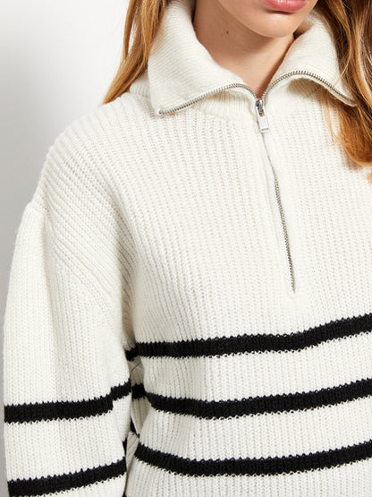 Polo Neck Striped Long Sleeve Women's Knitwear Sweater