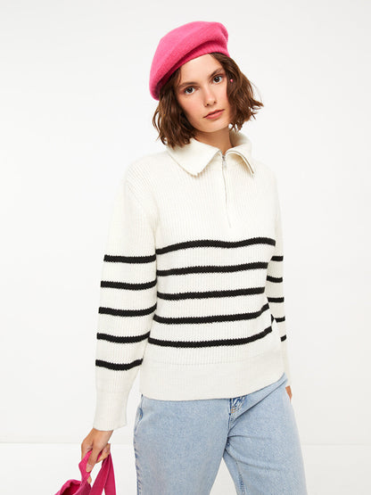 Polo Neck Striped Long Sleeve Women's Knitwear Sweater