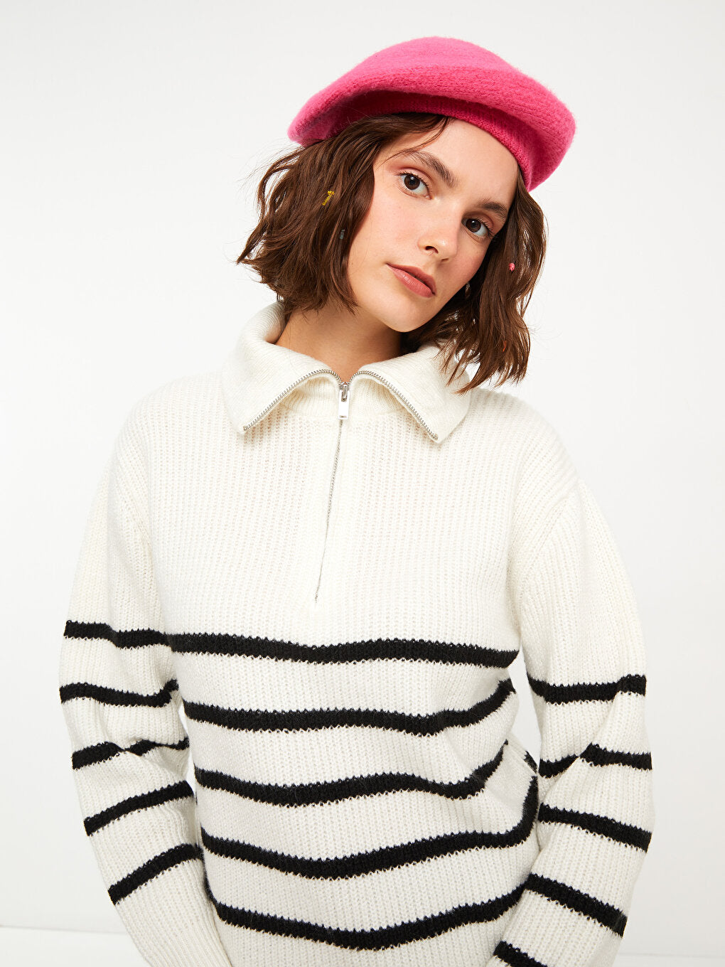 Polo Neck Striped Long Sleeve Women's Knitwear Sweater