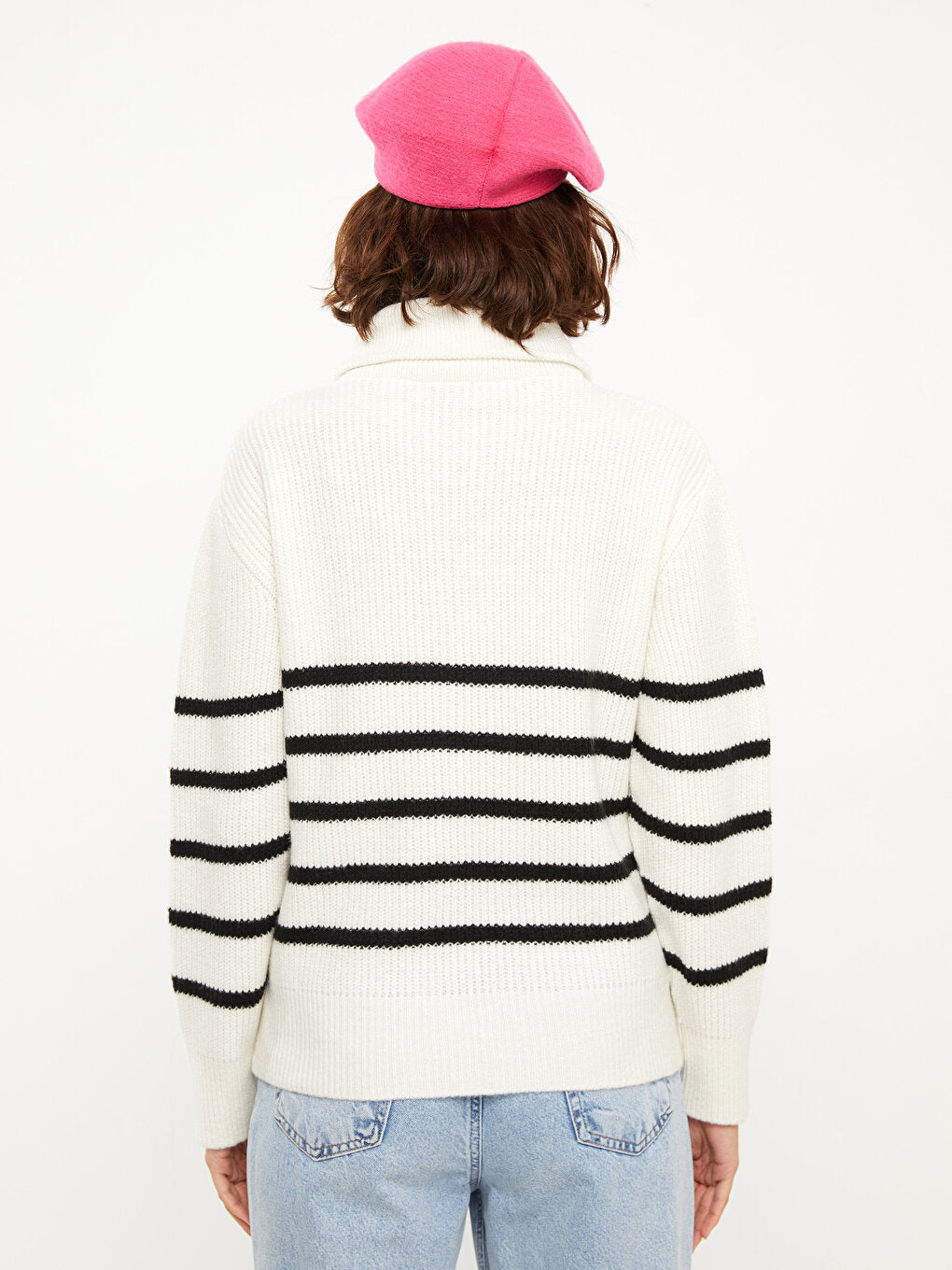 Polo Neck Striped Long Sleeve Women's Knitwear Sweater