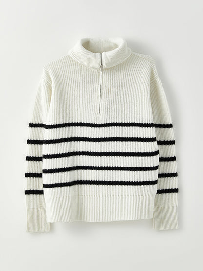 Polo Neck Striped Long Sleeve Women's Knitwear Sweater