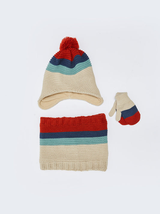 Color Blocked Boy's Scarf, Beret and Gloves Set