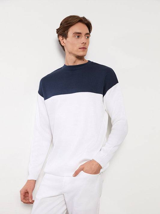 Crew Neck Long Sleeve Color Block Men's Knitwear Sweater