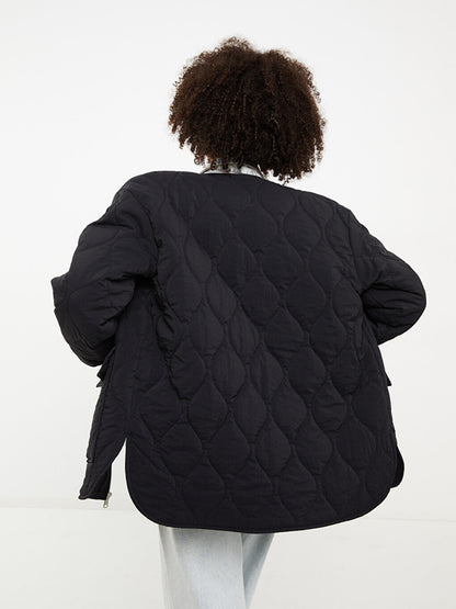 Crew Neck Self-Patterned Women's Puffer Coat