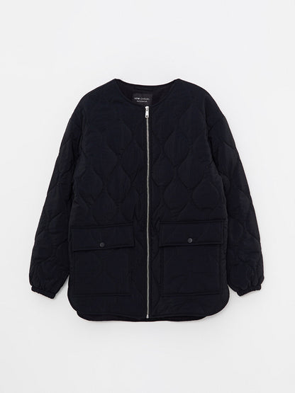 Crew Neck Self-Patterned Women's Puffer Coat