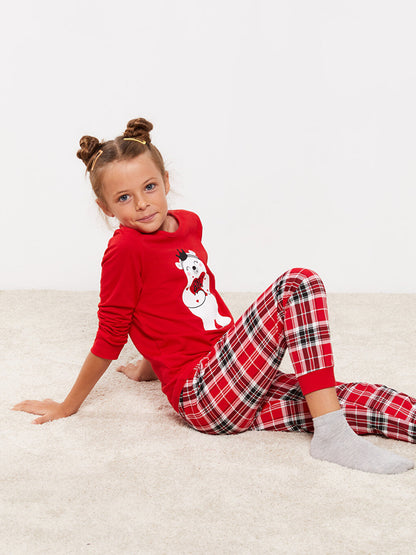 Crew Neck Printed Long Sleeve Girl's Pajama Set