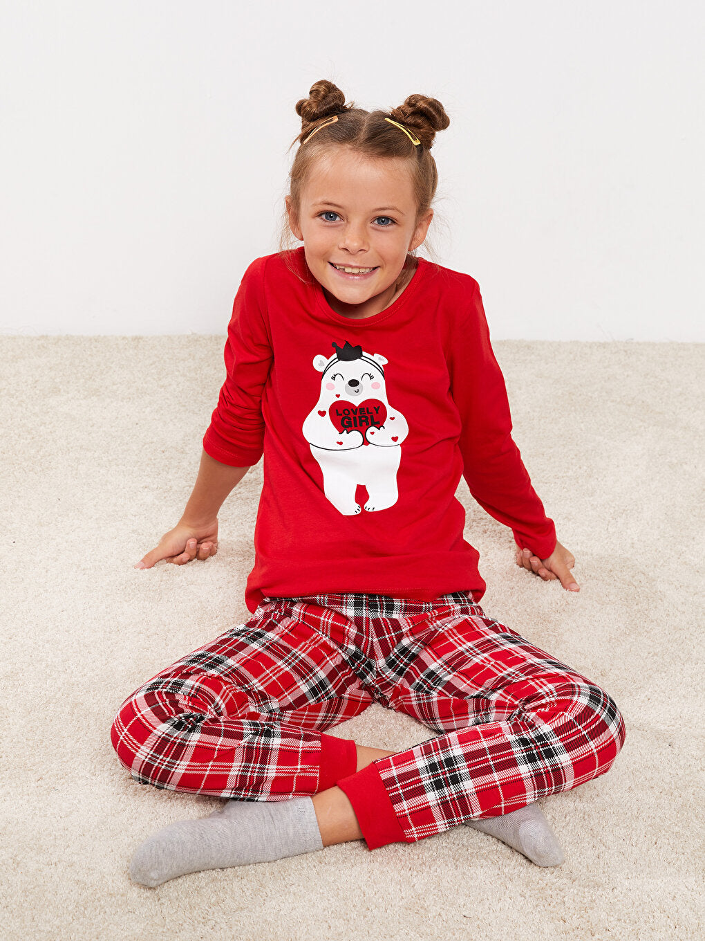 Crew Neck Printed Long Sleeve Girl's Pajama Set