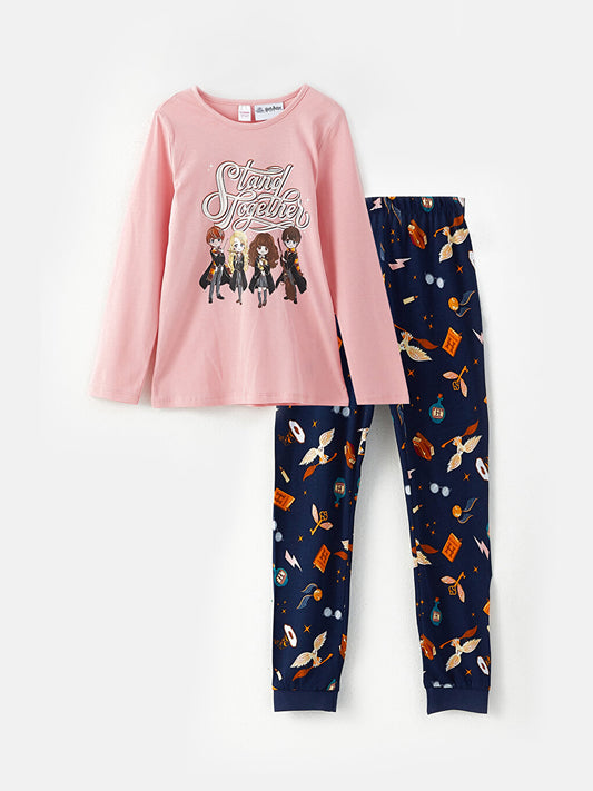 Crew Neck Harry Potter Printed Long Sleeve Girl's Pajama Set