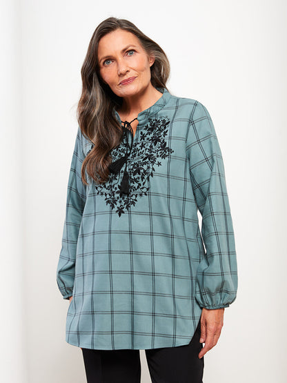 Tie Collar Embroidered Long Sleeve Women's Tunic