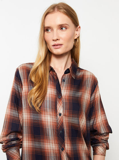 Plaid Long Sleeve Viscose Women's Shirt Tunic