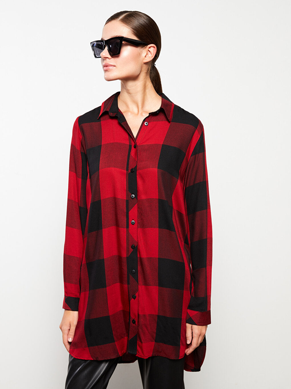 Plaid Long Sleeve Viscose Women's Shirt Tunic