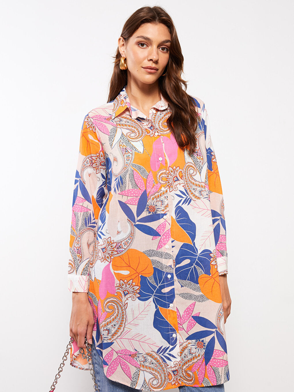 Patterned Long Sleeve Poplin Women's Shirt Tunic