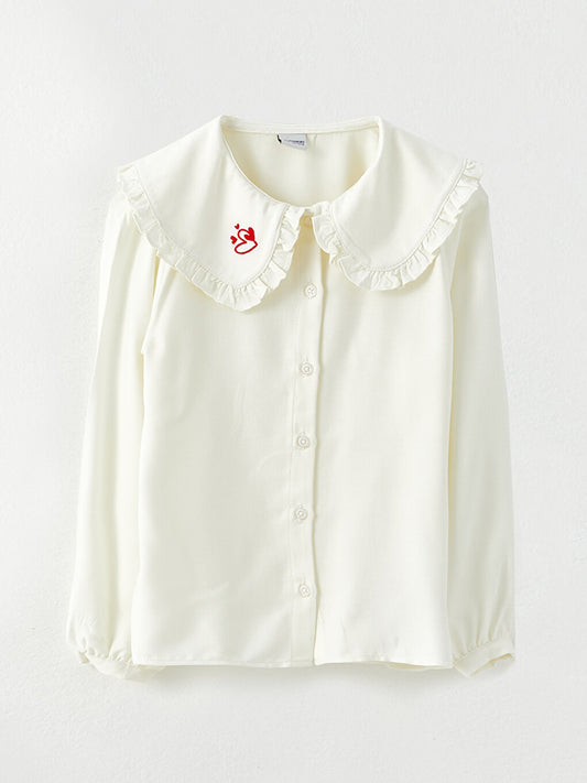 Baby Collar Embroidery Detailed Long Sleeve Poplin Girl's Shirt