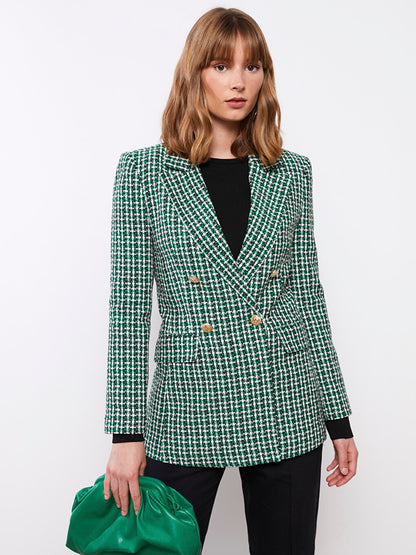 Front Button Closure Long Sleeve Plaid Women's Blazer Jacket